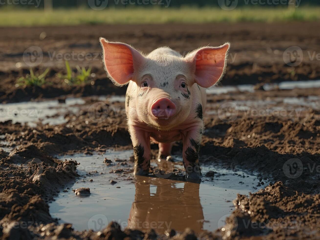 A little piglet is standing in a puddle of mud A scene on a farm. photo