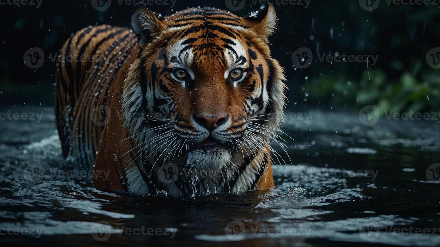 A majestic tiger, with piercing eyes and wet fur, emerges from dark waters, creating a dramatic and intense atmosphere. photo