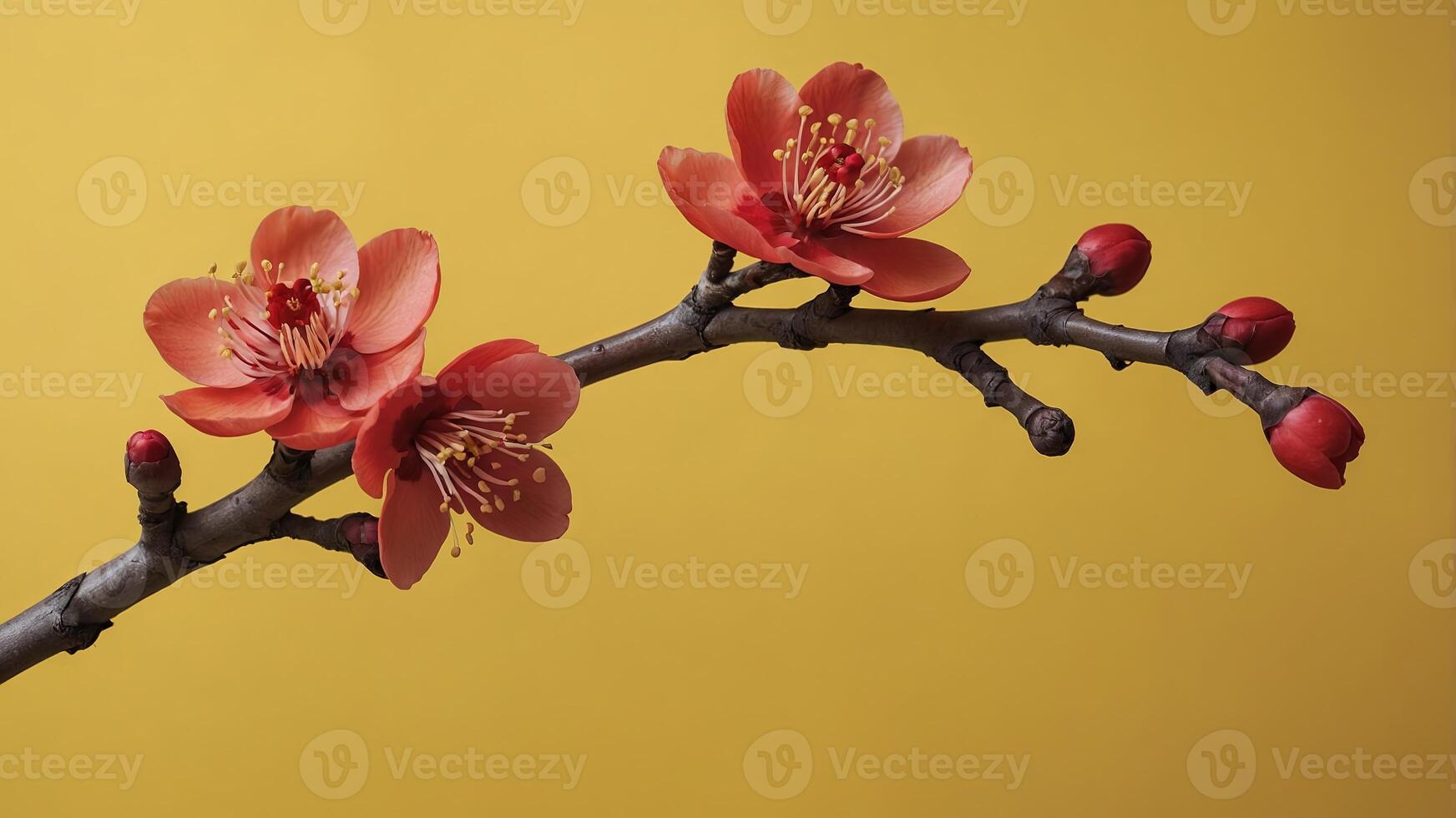 Red apricot blossom branch on yellow background Flat lay Chinese new year decoration. photo