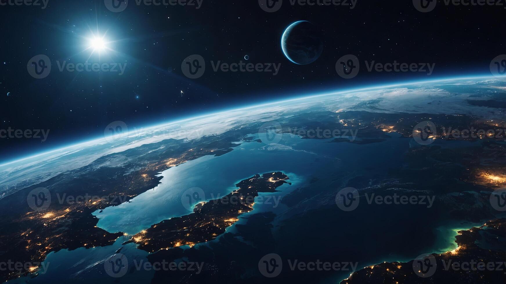 Abstract concept photo with planet earth, glow, stars and water.