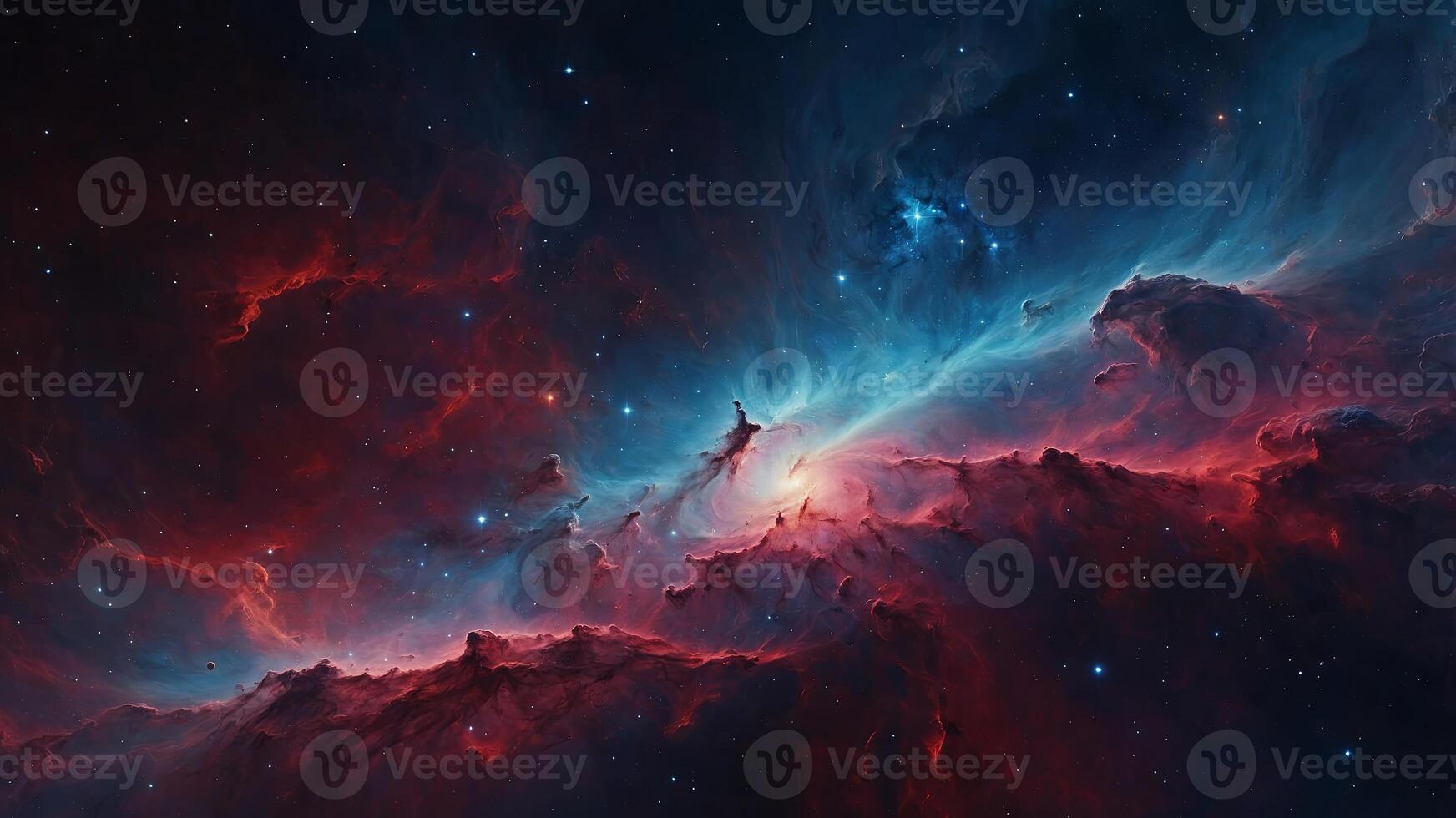 A vibrant cosmic landscape with swirling red and blue hues, depicting the vast beauty of a nebula. photo