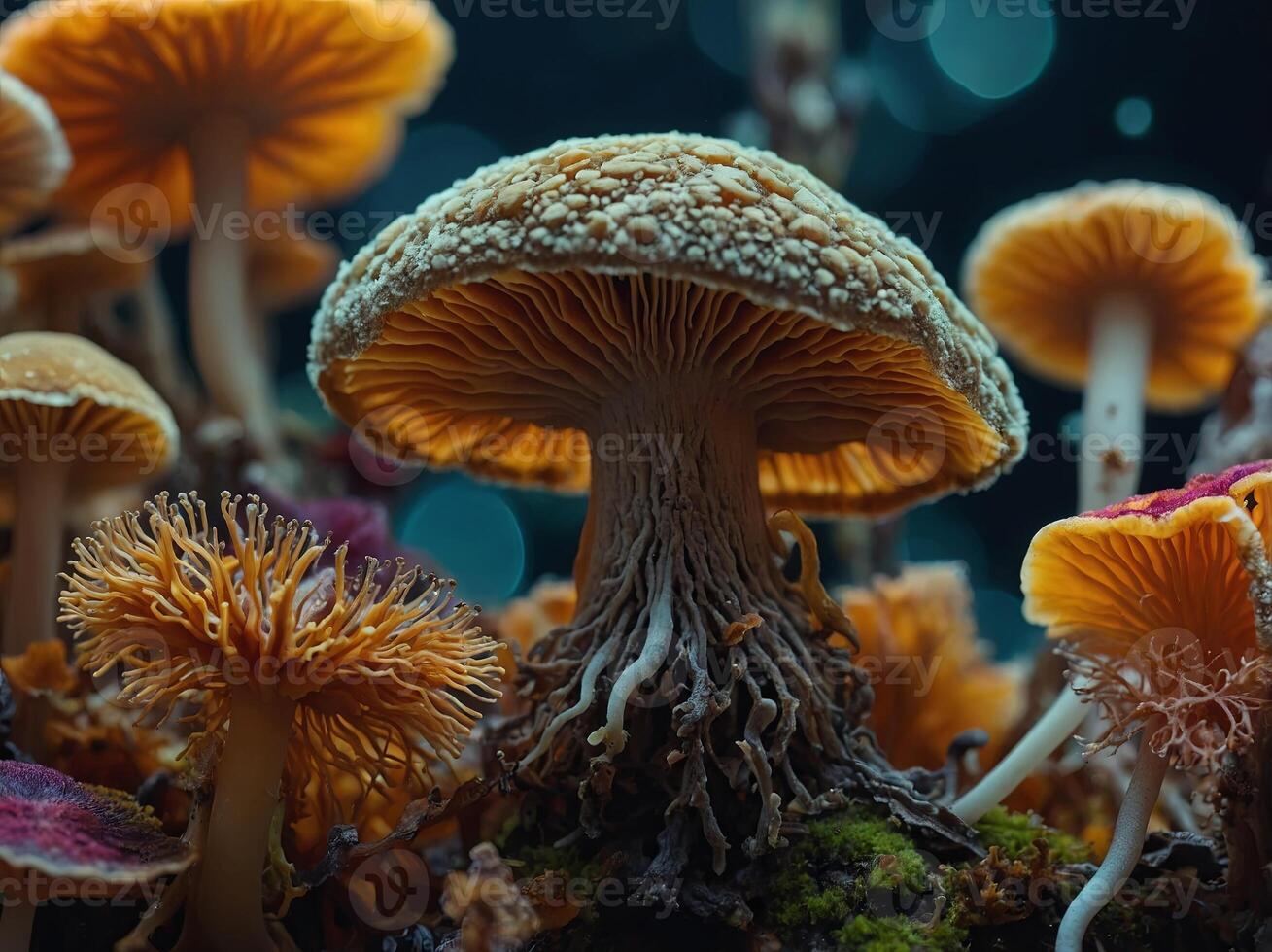 A microscopic closeup view of vibrant fungi structures with diverse shapes and colors. photo