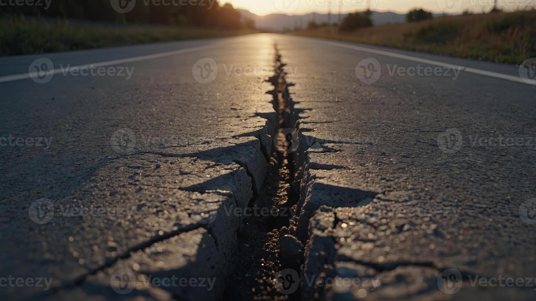 a big crack on a concrete highway close-up view dusk earthquake destruction concept. photo