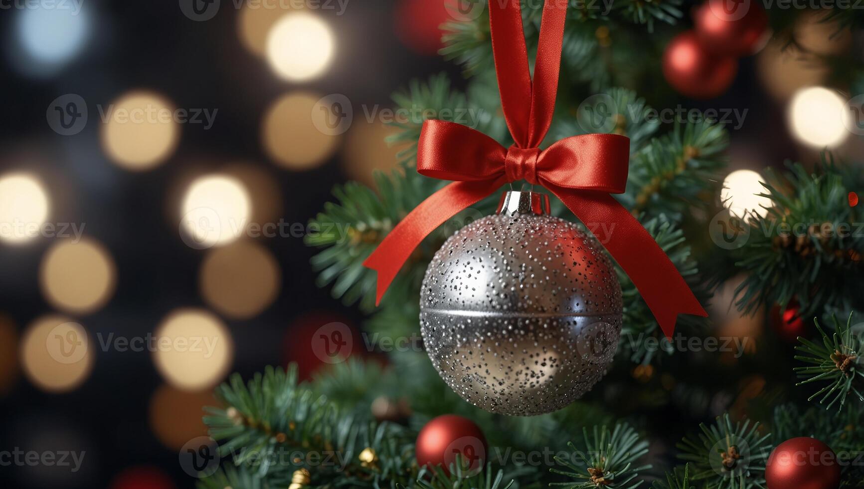 Shiny jingle bell with red bow tie on blurred sparkling Christmas Tree background, Close up Christmas Decoration on celebration home background. photo