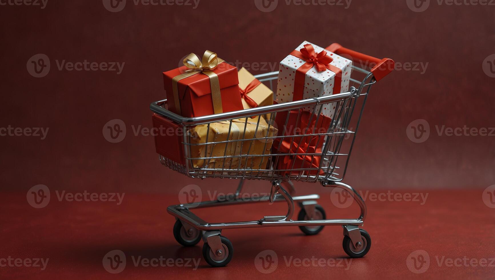 Shopping trolley on a red background with gifts, top view Copy Space Banner Business, Sales Concept. photo
