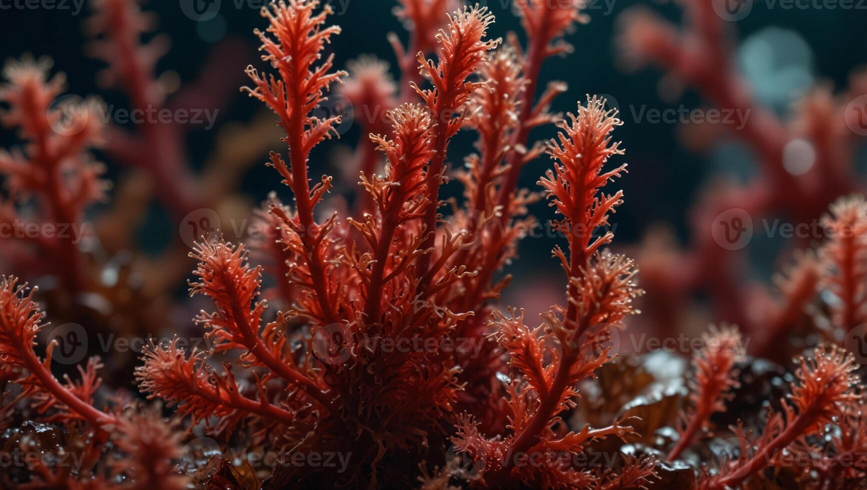 Red algae rhodophyta Abstract close-up, selective focus, and creative lighting. photo