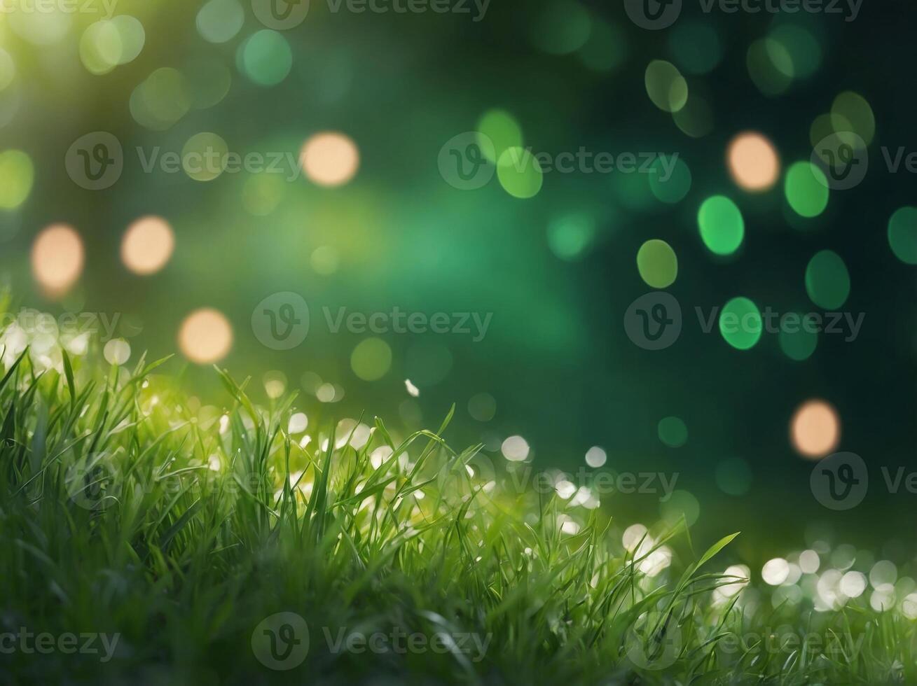 Spring background - abstract banner - green blurred bokeh lights -. photo