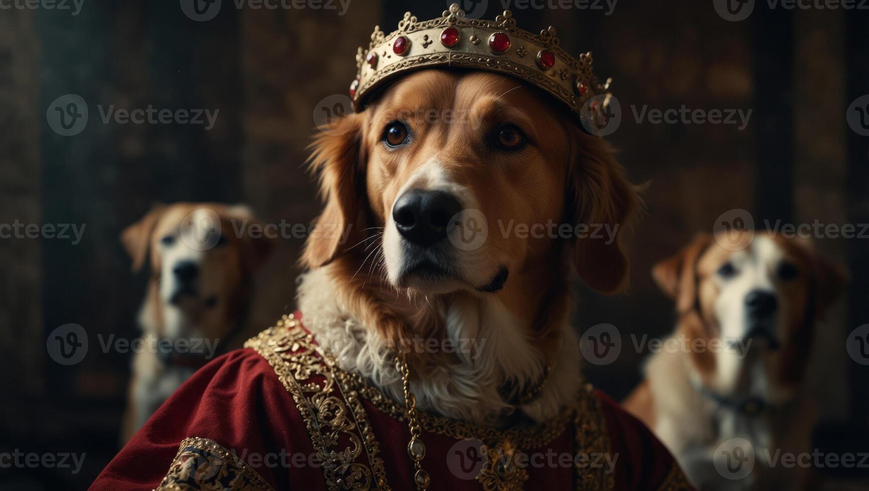 Models like medieval royalty persons in vintage clothing headed by dog's heads on dark vintage background. photo