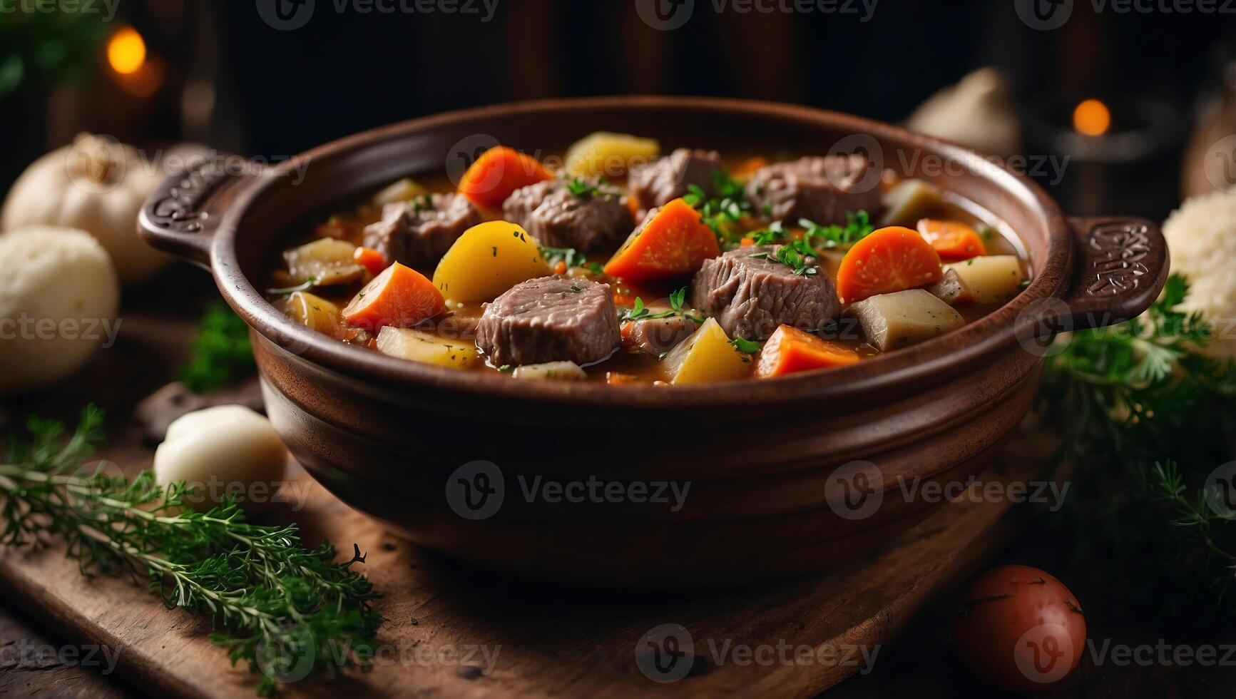 Traditional Irish lamb stew with vegetables View from above, top studio shot. photo