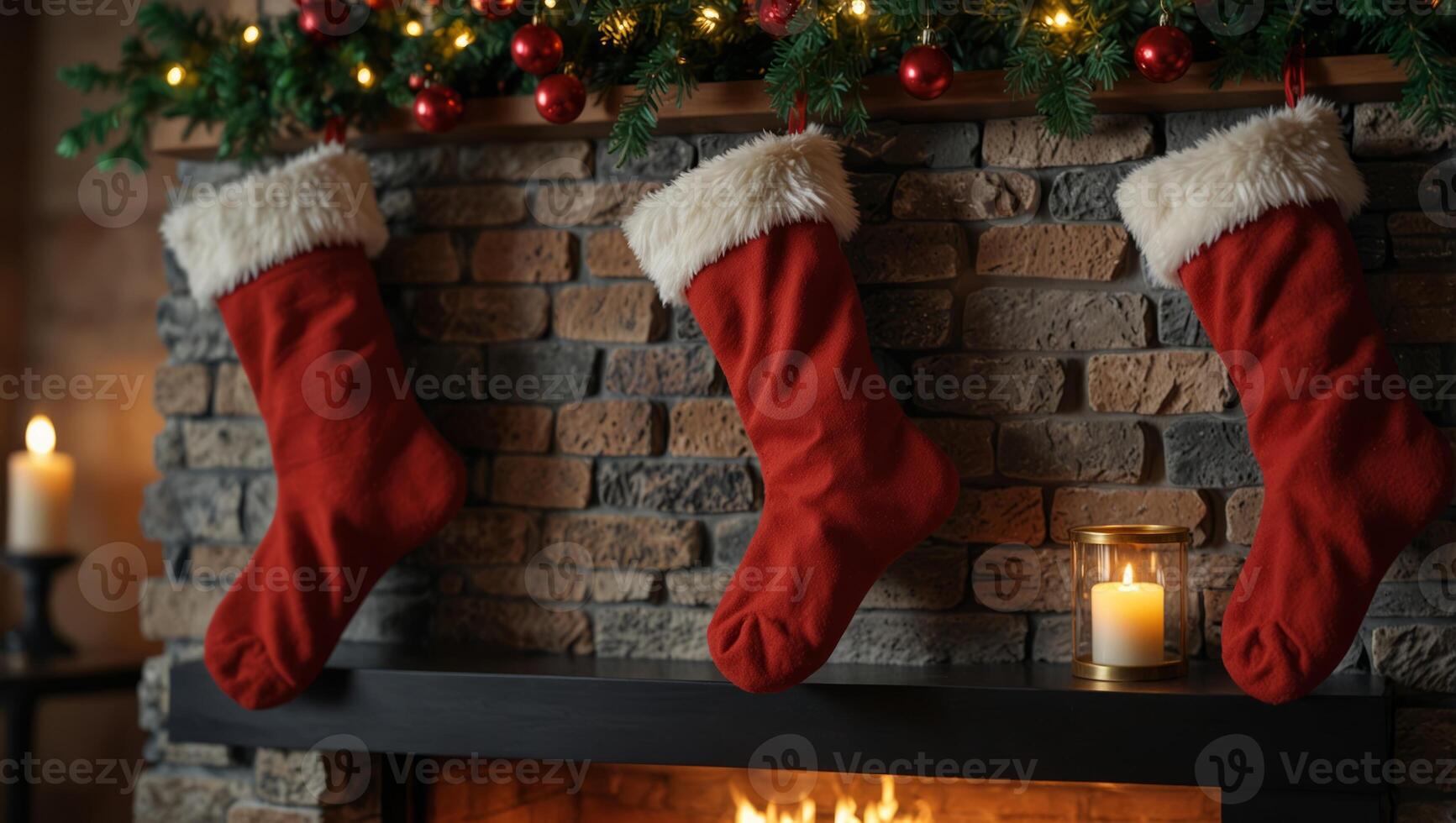 Three red christmas stockings on fireplace mantle. photo