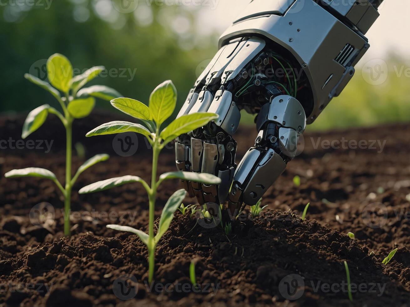 Robot hand planting seedling in soil blending technology and nature Concept Technology, Nature, Robot, Planting, Innovation. photo