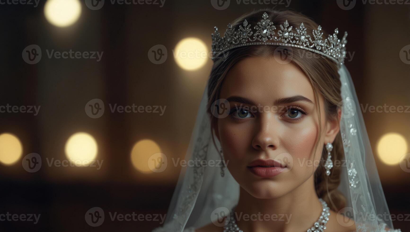gorgeous bride with crown jewelry , girl in wedding dress fashion model. photo