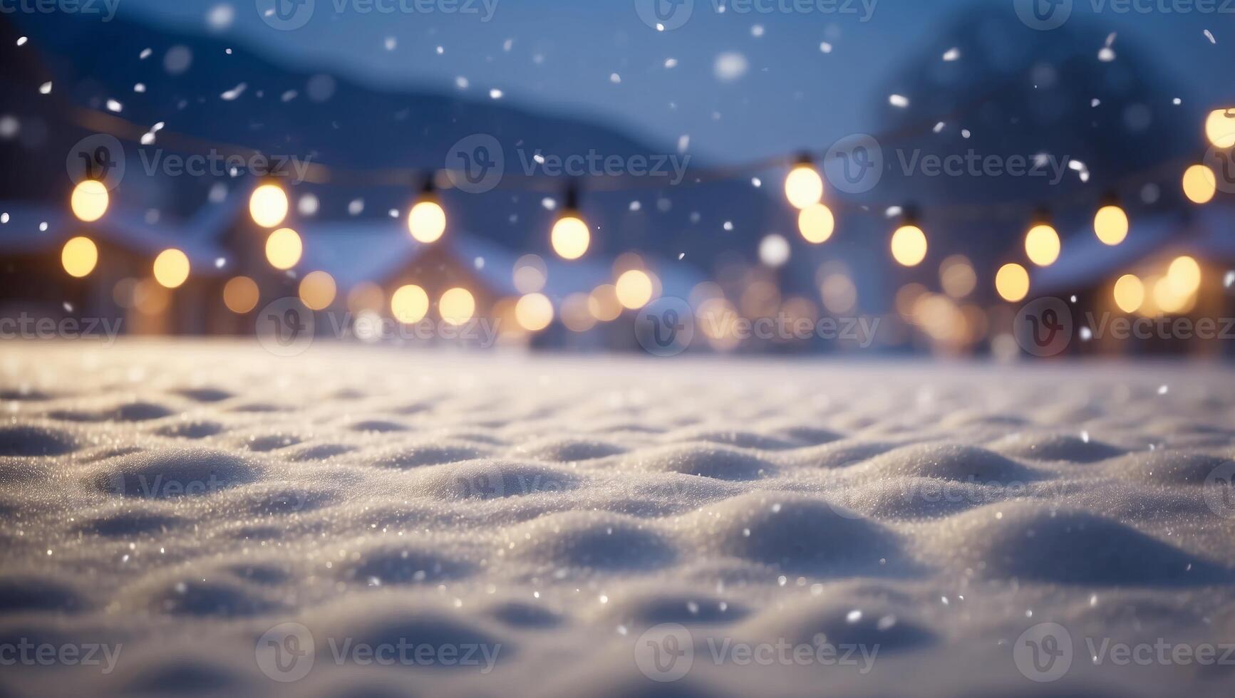 snowy winter background with small snowdrifts and blurred holiday lights festive concept illustration. photo