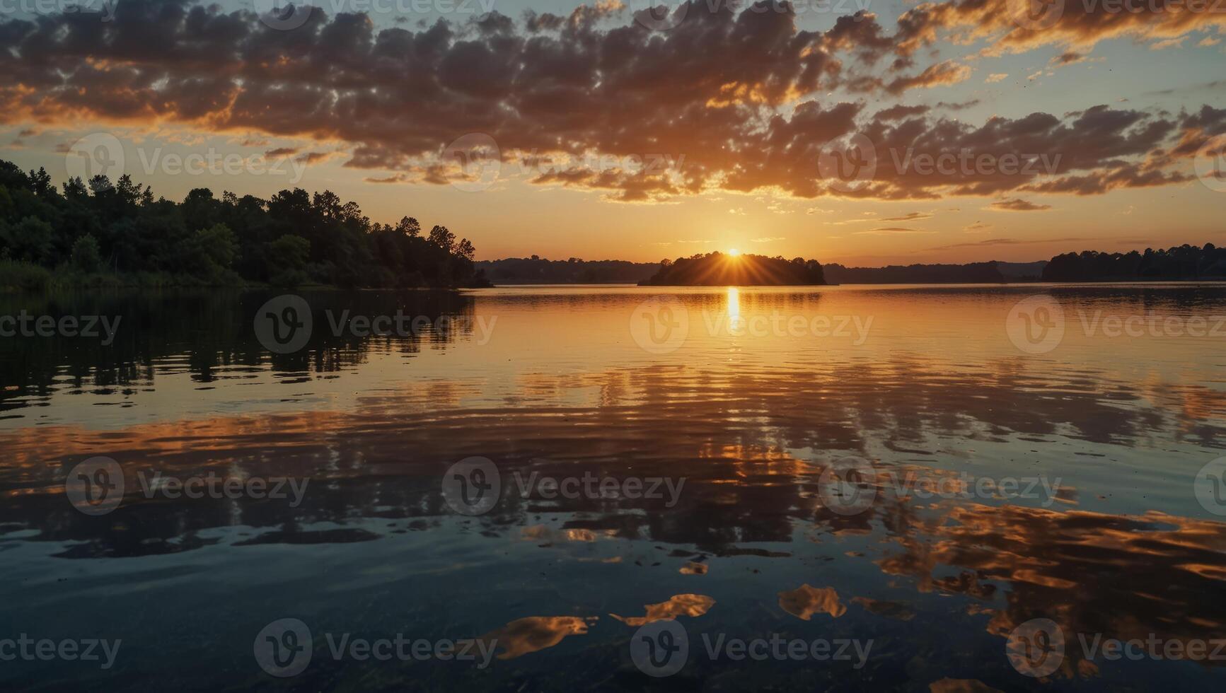 serene beauty of a sunrise reflected in the calm waters of a tranquil lake. photo