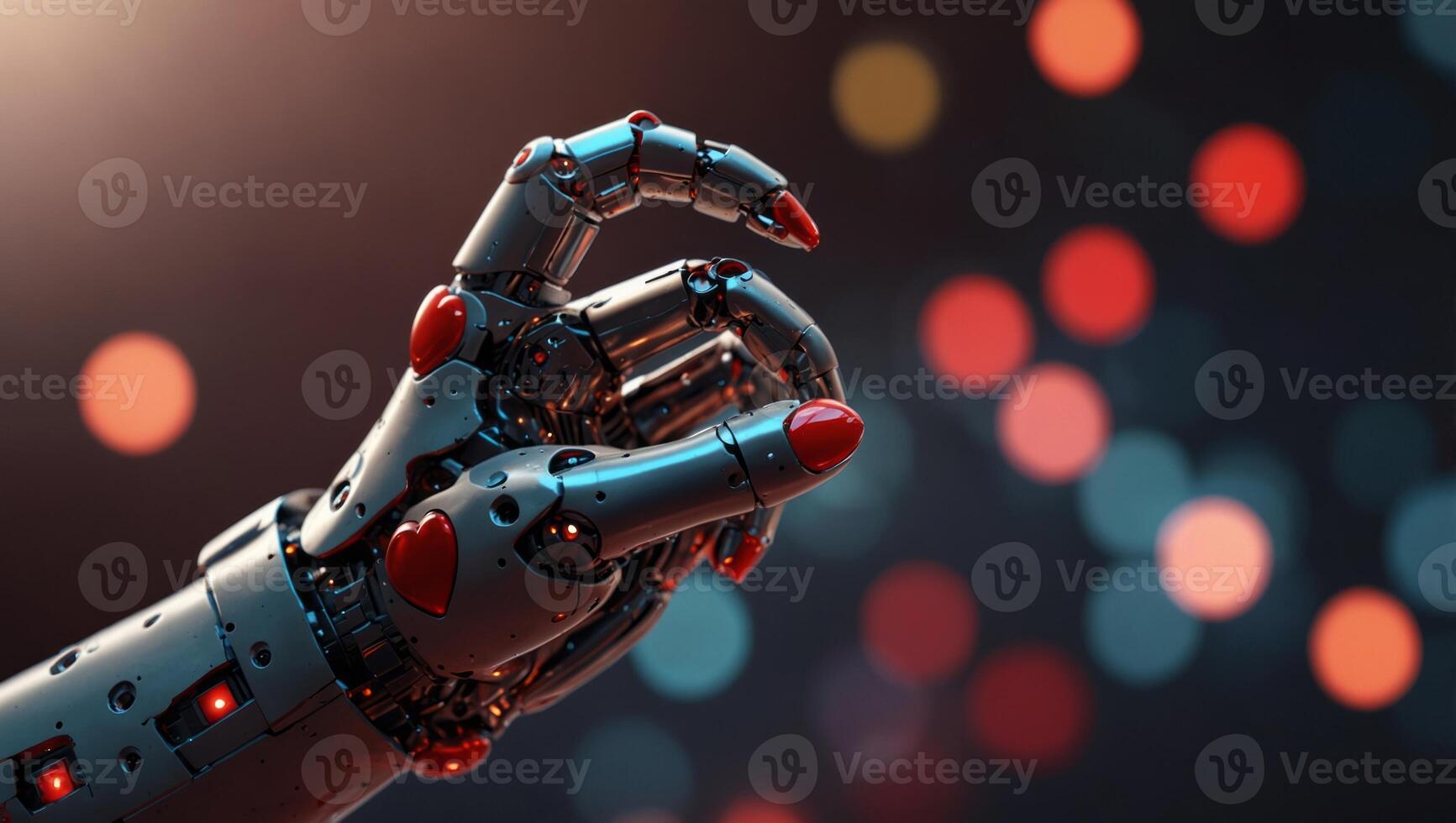 humanoid robot hand pointing with finger to a shiny red heart, concept of digital valentine's day, futuristic way of romance. photo