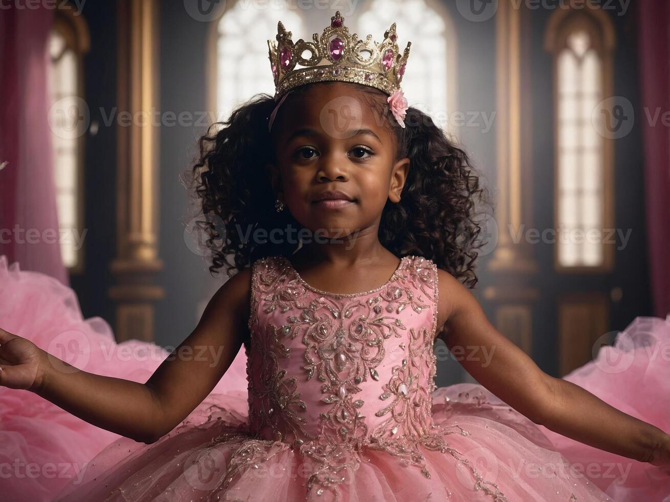 little 5 year old black girl in a pink bedazzled tulle dress on a stage with a crown winning a beauty pageant. photo