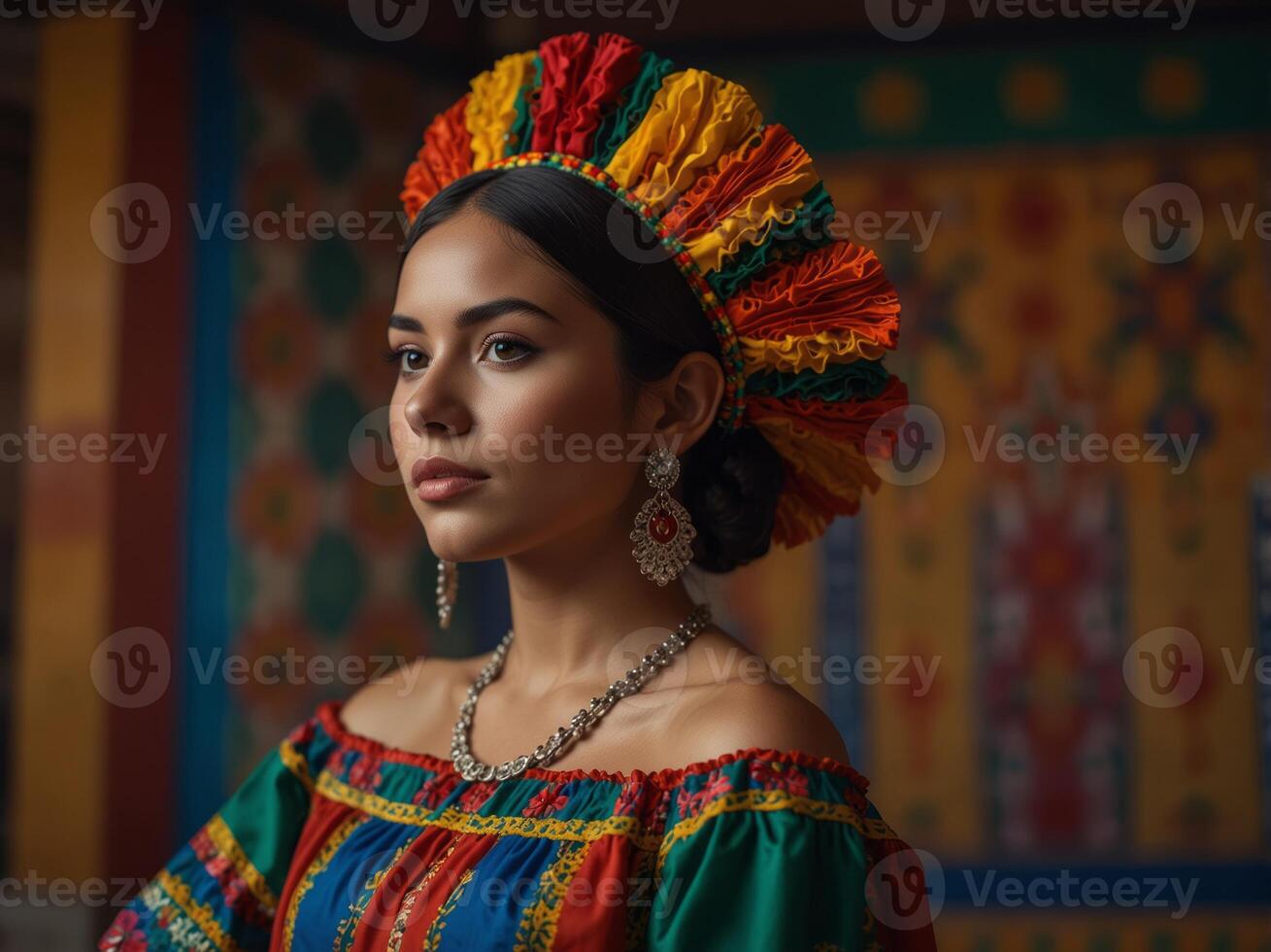 mexican latin woman with traditional folk costume with multicolored background, dancer and mexican model posing traditional folk clothing. photo