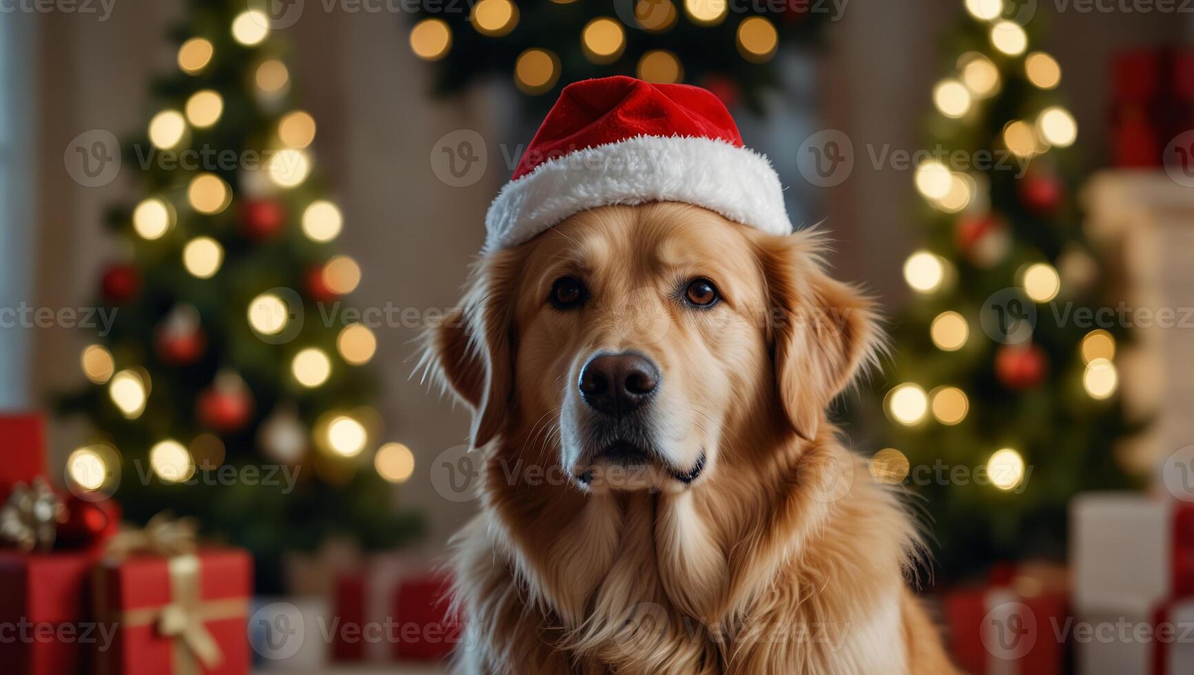 golden retriever in santa hat on blurred Christmas tree decorated home background with copy space. photo