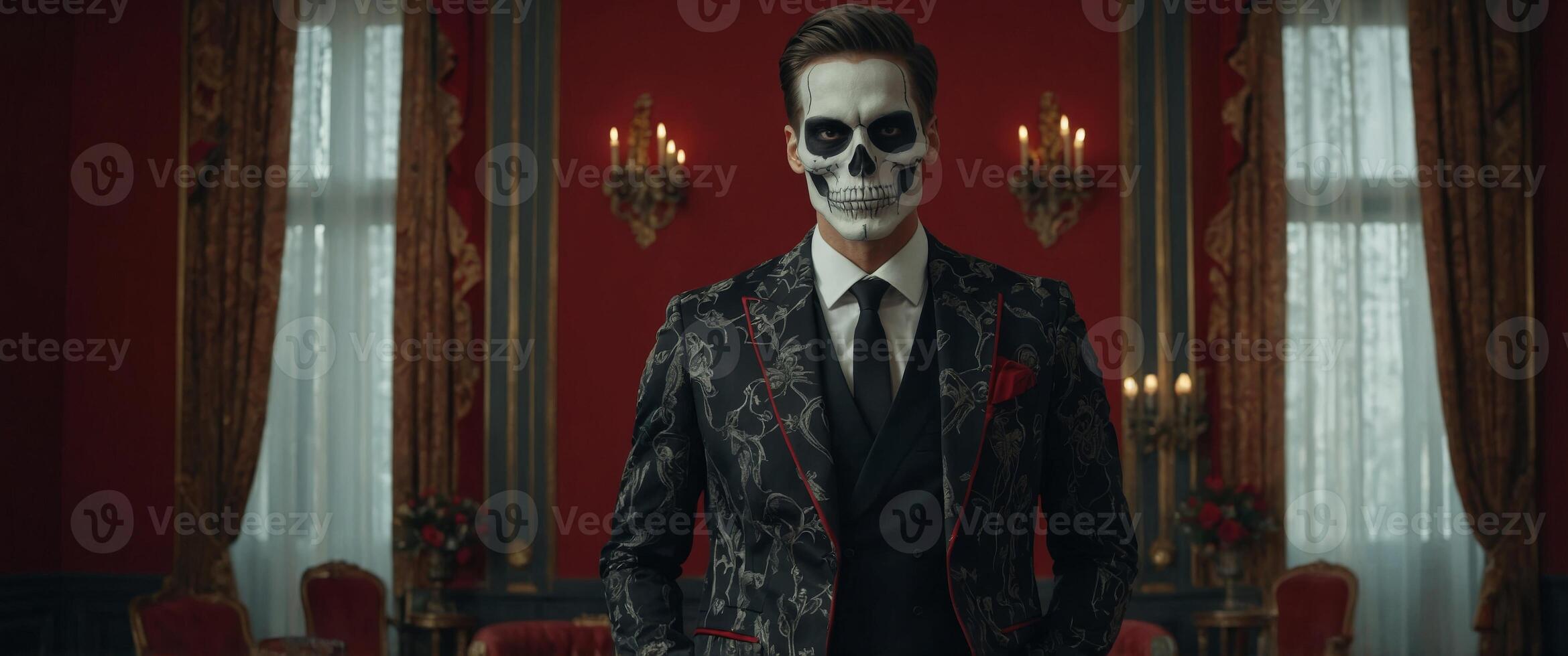 full length of stylish couple in skull makeup and elegant suits posing with hands in pockets on red. photo