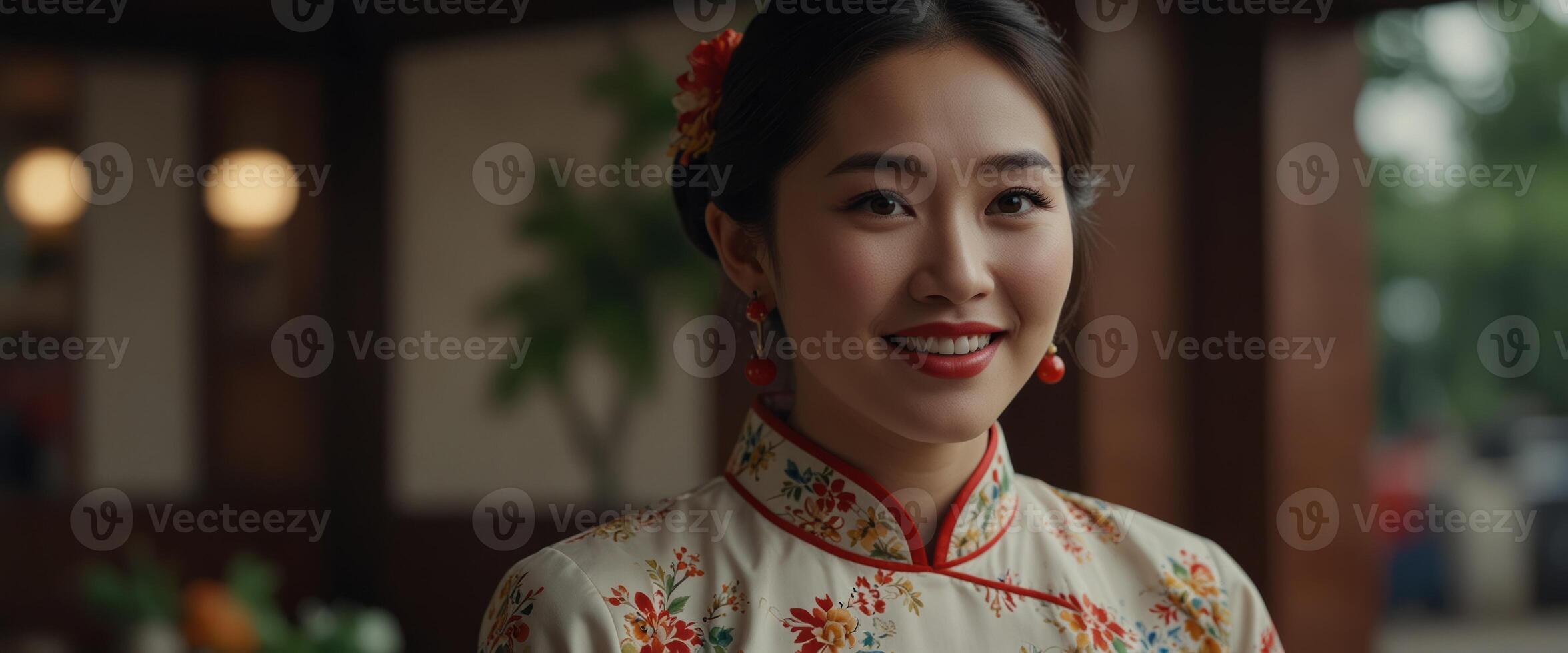 Happy Asian woman wearing traditional cheongsam qipao dress. photo