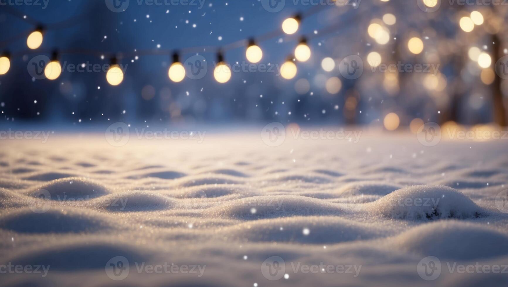 snowy winter background with small snowdrifts and blurred holiday lights festive concept illustration. photo