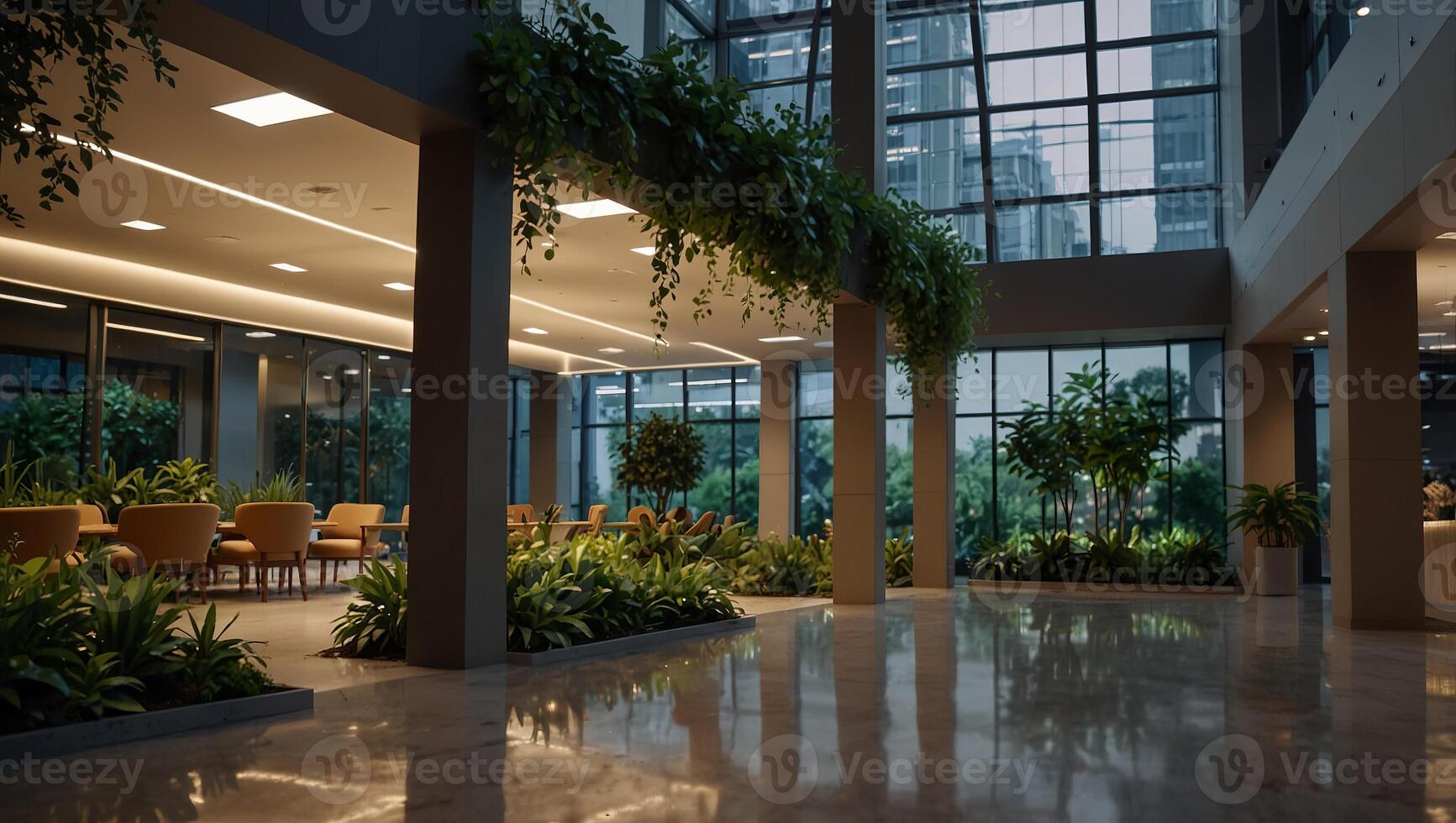 garden in office building, modern eco friendly office building interior design. photo