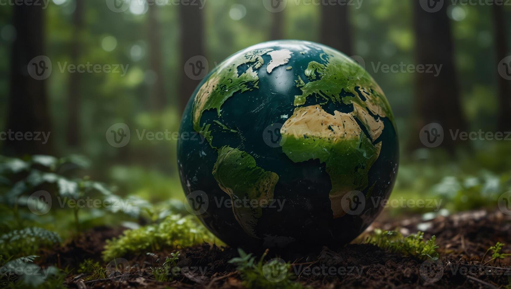 green planet Earth on the forest ground, concept for environmental protection and World Environment Day background with copy space. photo