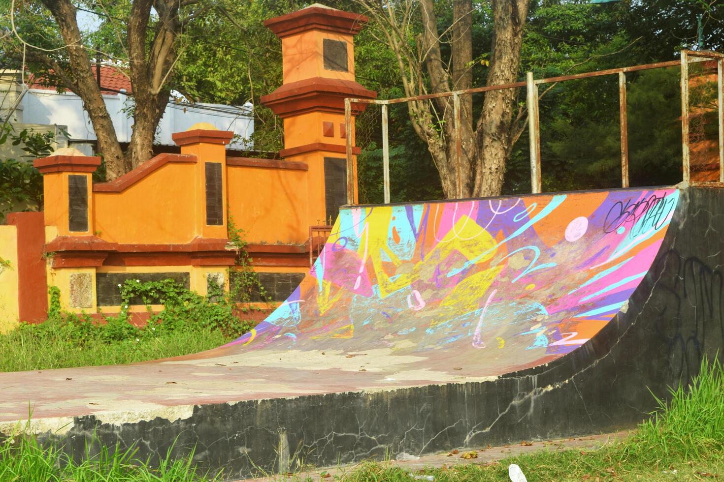 Brebes, Indonesia, 2023 - Front view of a skaters venue filled with graffiti in Brebes photo