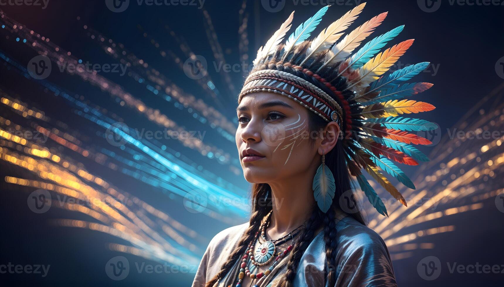 World's Indigenous People Day concept Portrait of a Native American woman with the backdrop of colorful lights and energy photo