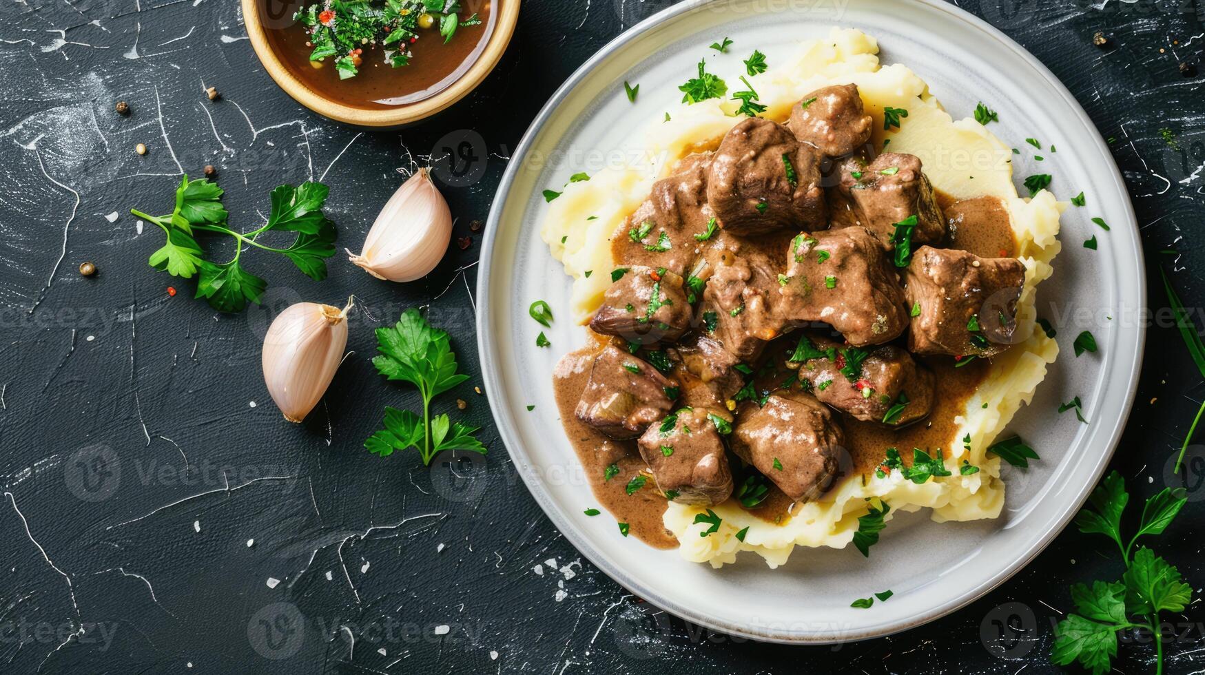 Traditional beef stroganoff dish with gravy and mashed potatoes on white plate, top view black background photo