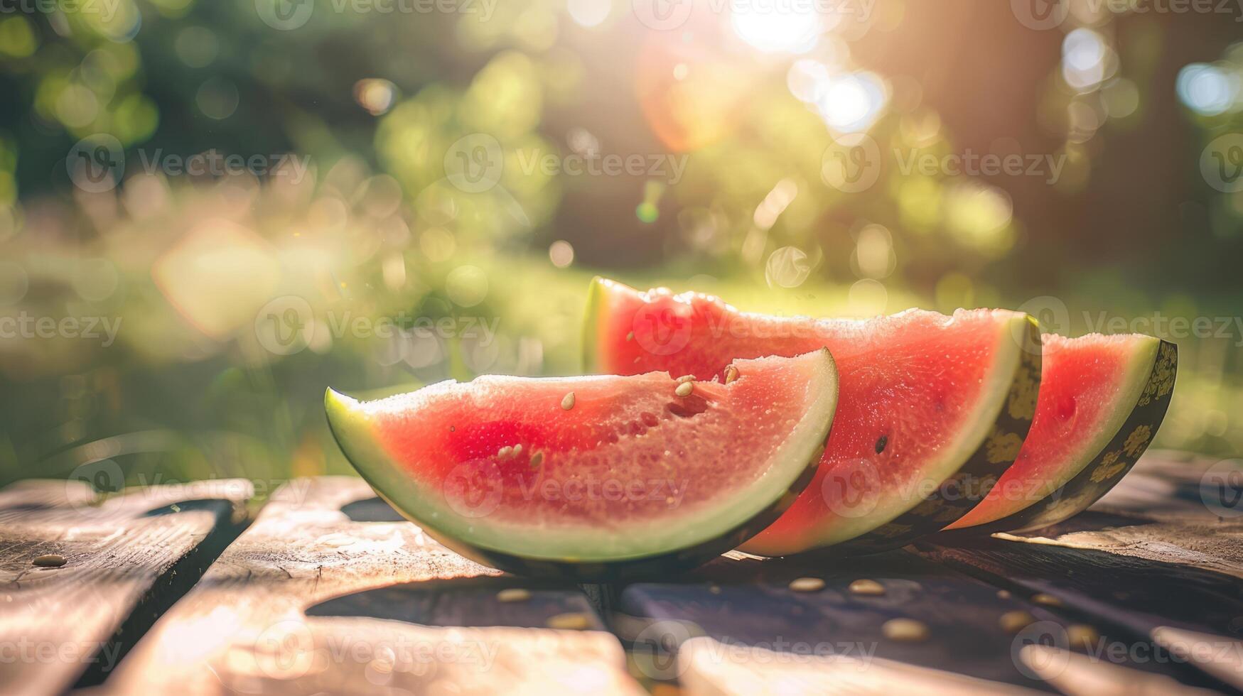 Slices of fresh juicy seeded watermelon on the wooden table in the garden on a sunny summer day photo