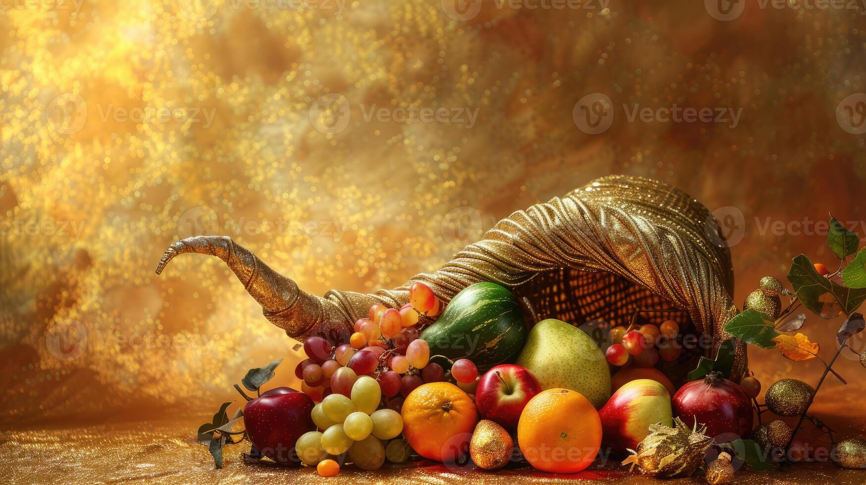 Cornucopia, horn of plenty with fruits, vegetables and berries on golden background. Harvest and abundance concept photo