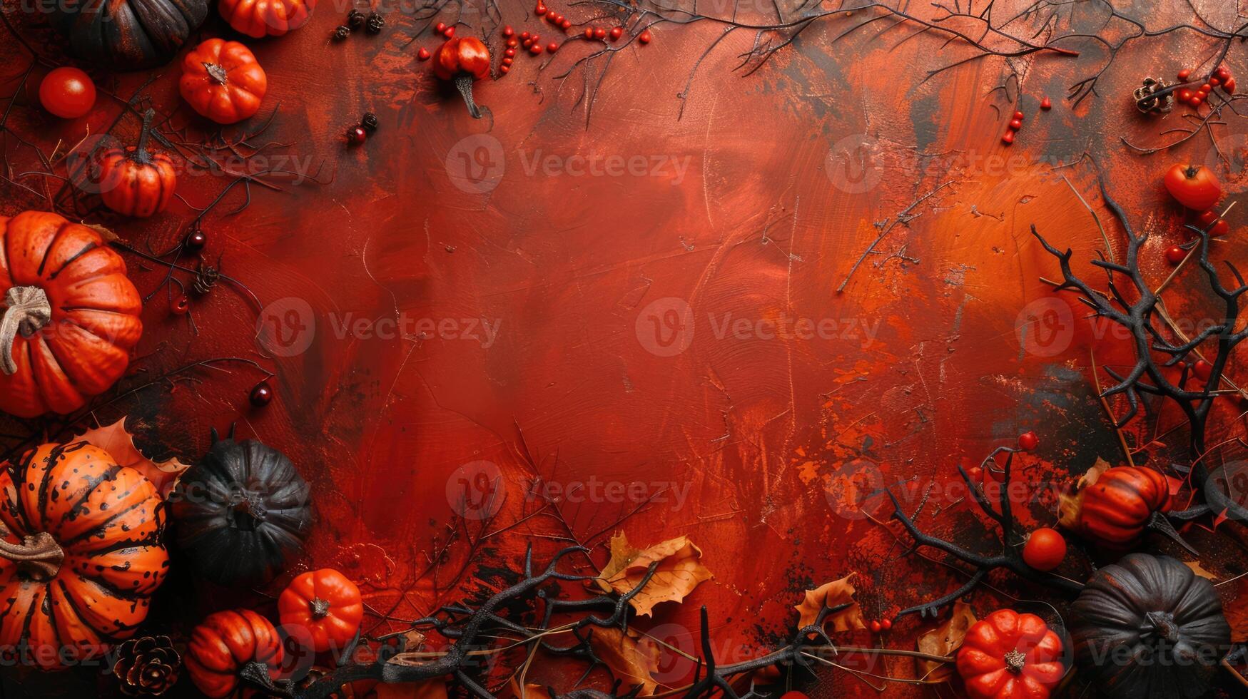 Halloween theme card with pumpkins on orange and red background with copy space. Spooky scary holiday concept photo