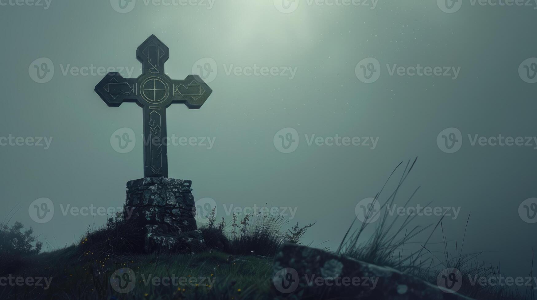 Celtic cross on the hill with dark clouds in the grey sky. Ancient gothic scary atmosphere photo