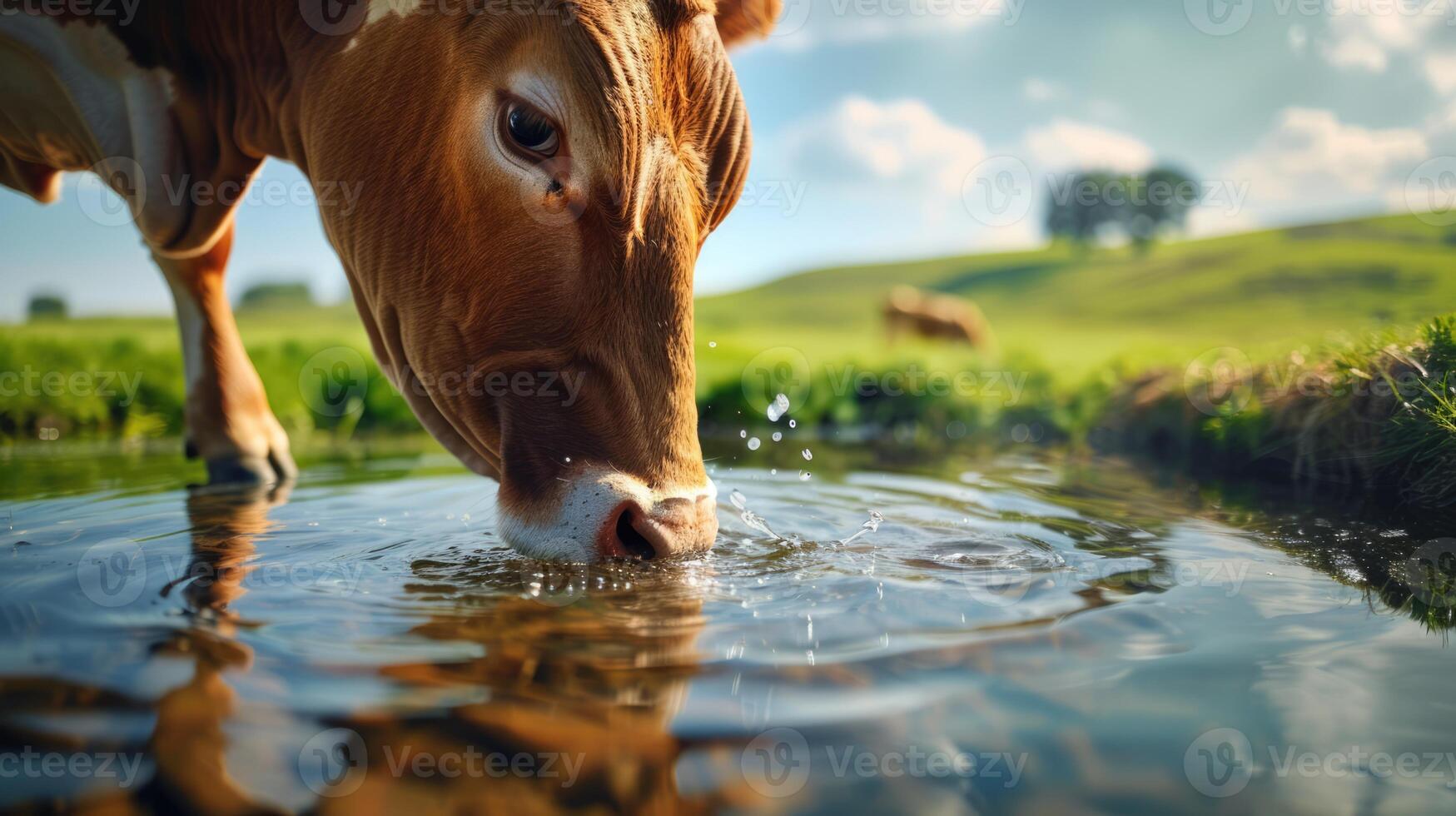 Cow drinking water from the pond on a beautiful summer day close-up image. Farm animals graze on the farmland photo