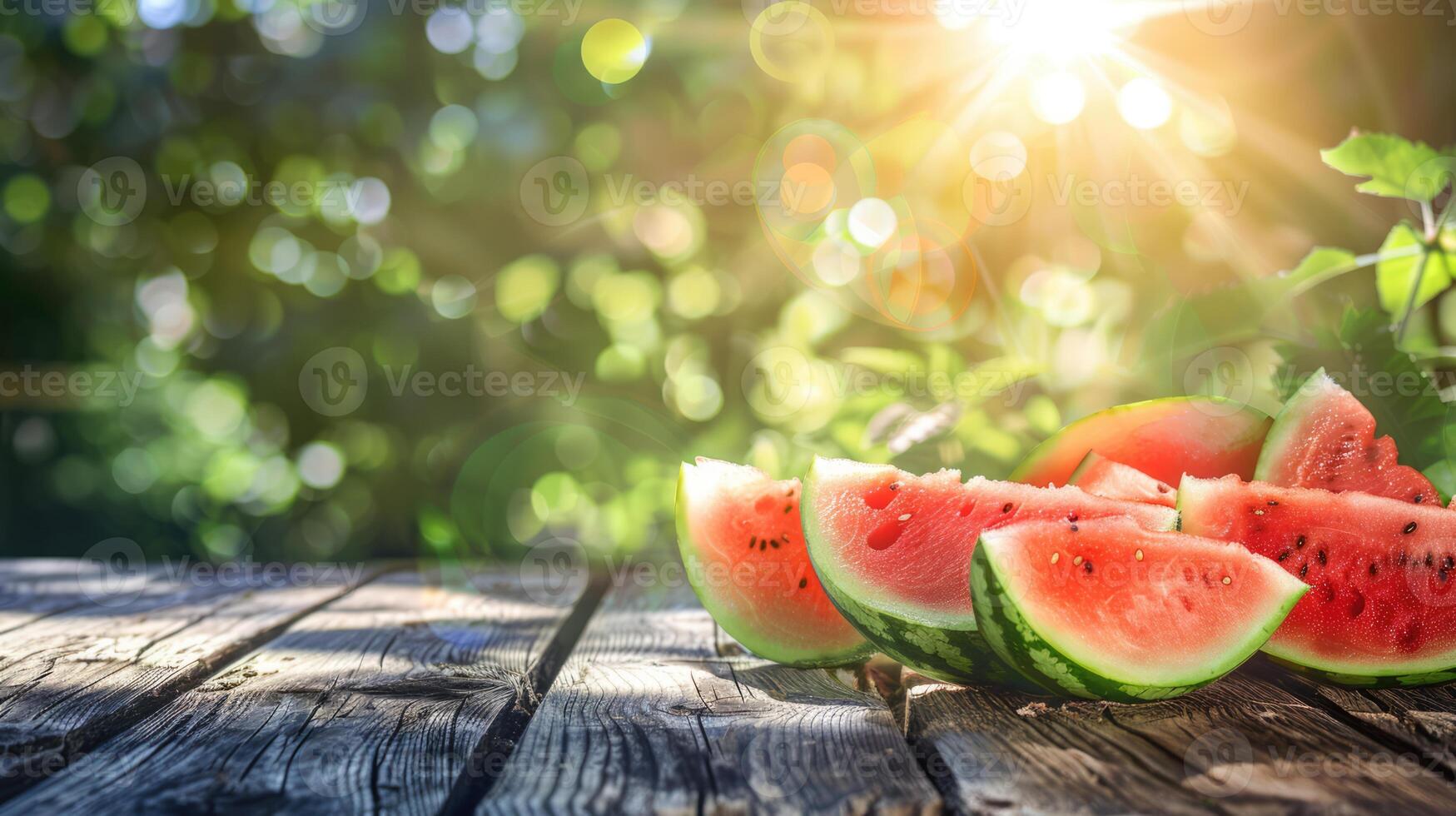 Slices of fresh juicy seeded watermelon on the wooden table in the garden on a sunny summer day photo