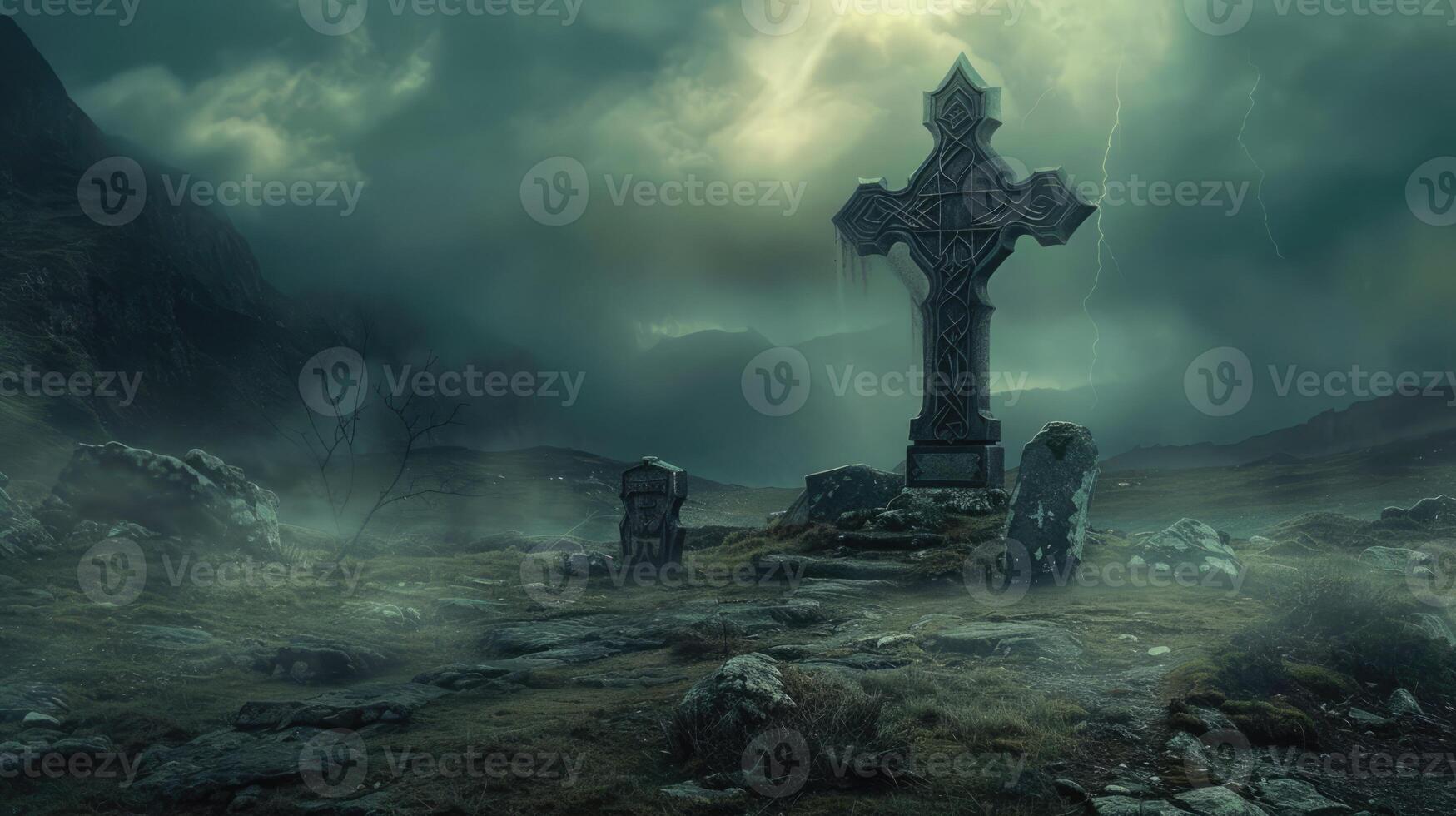 Ancient cross in the old graveyard with dark clouds in the grey sky. Gothic scary Halloween atmosphere photo
