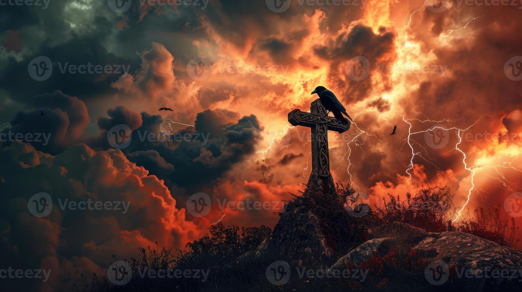 Cross on the hill and raven sitting on top, thunderclouds and lightning in the red sky. Dark ancient scary gothic Halloween ambience photo