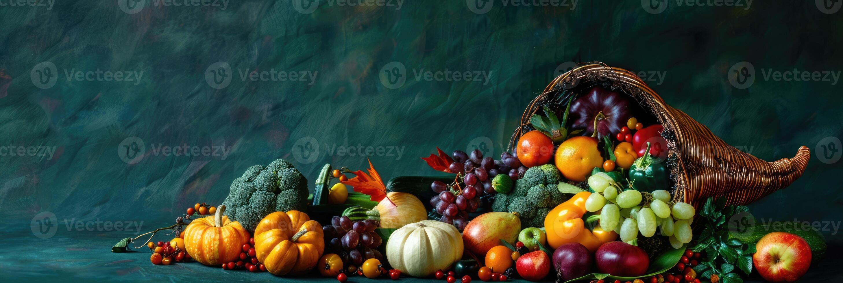 Cornucopia, horn of plenty with fruits, vegetables and berries on dark green background with copy space. Harvest and abundance concept photo