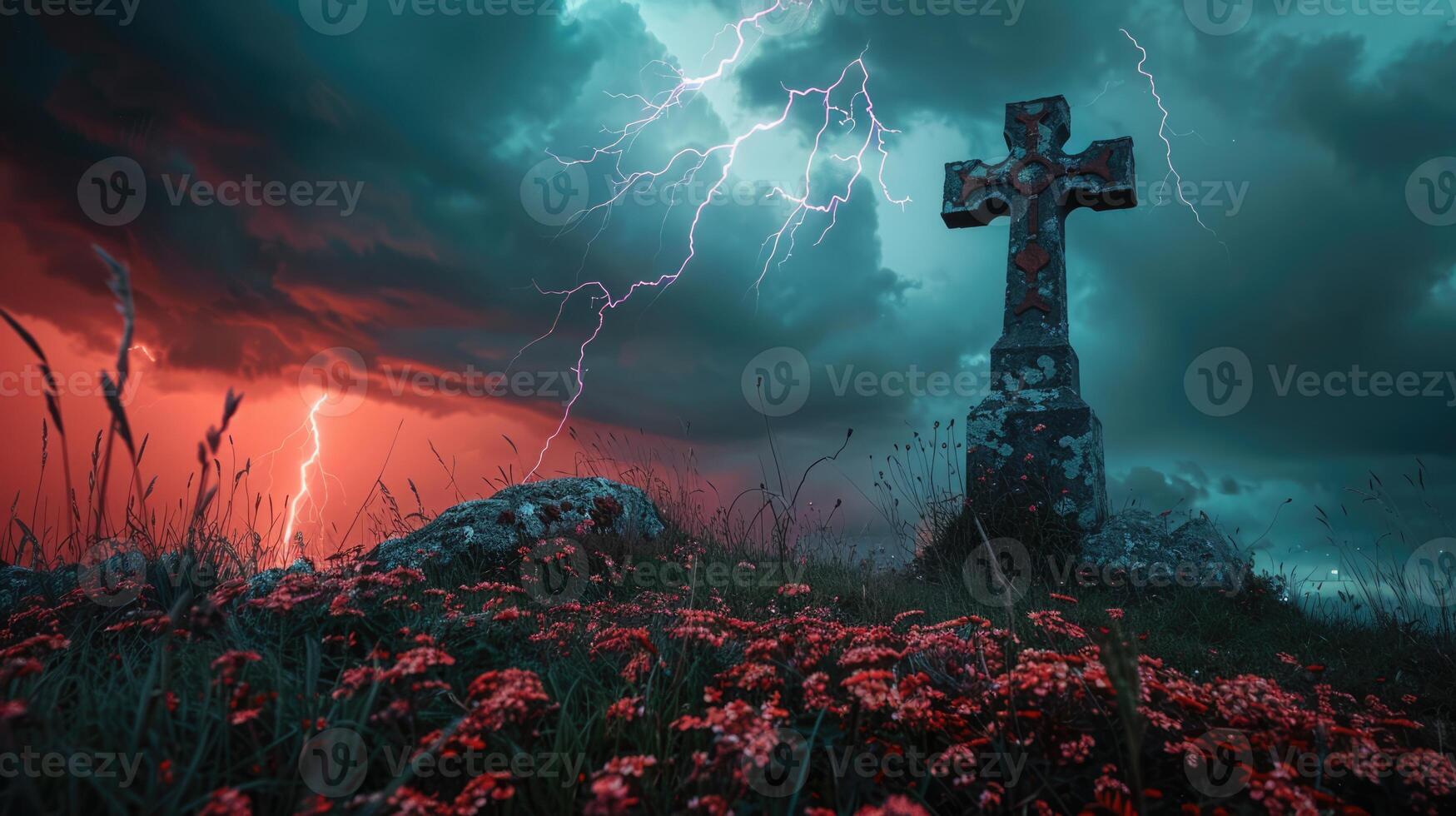 Celtic cross on hill with thunderclouds and lightning in the red and grey sky. Dark ancient gothic Halloween atmosphere photo