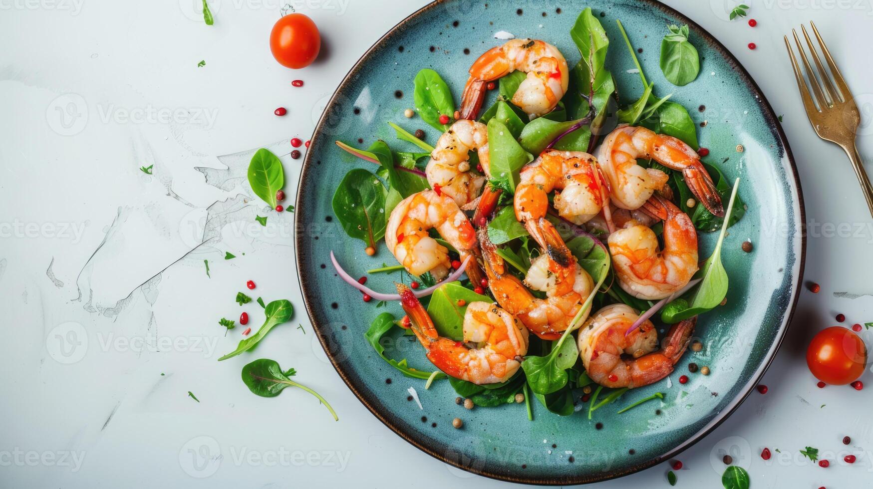 Shrimp salad on white background with copy space. Healthy seafood with prawns on blue plate, top view photo
