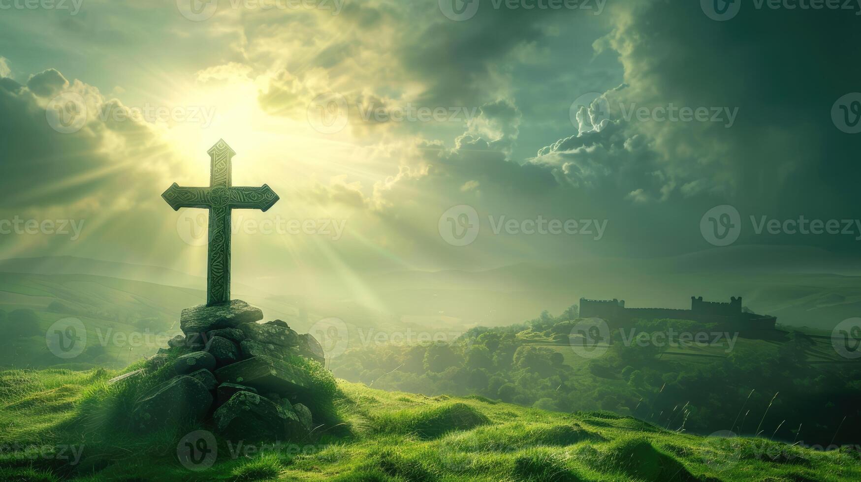 Old cross on a green hill with sunshine in the sky. Heavenly light behind ancient symbol of faith photo