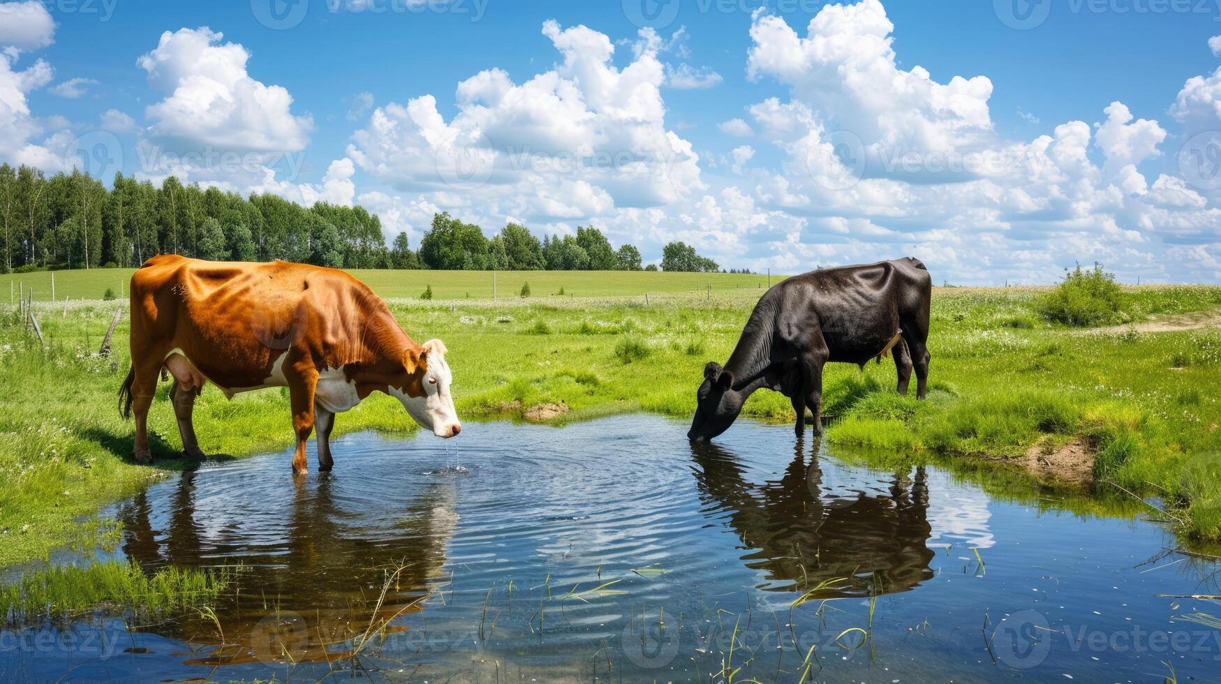 Cows drinking water from the pond on a beautiful summer day. Farm animals graze on the farmland photo