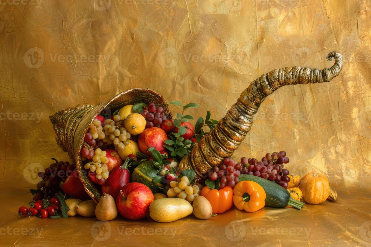 Cornucopia, horn of plenty with fruits, vegetables and berries on golden background. Harvest and abundance concept photo