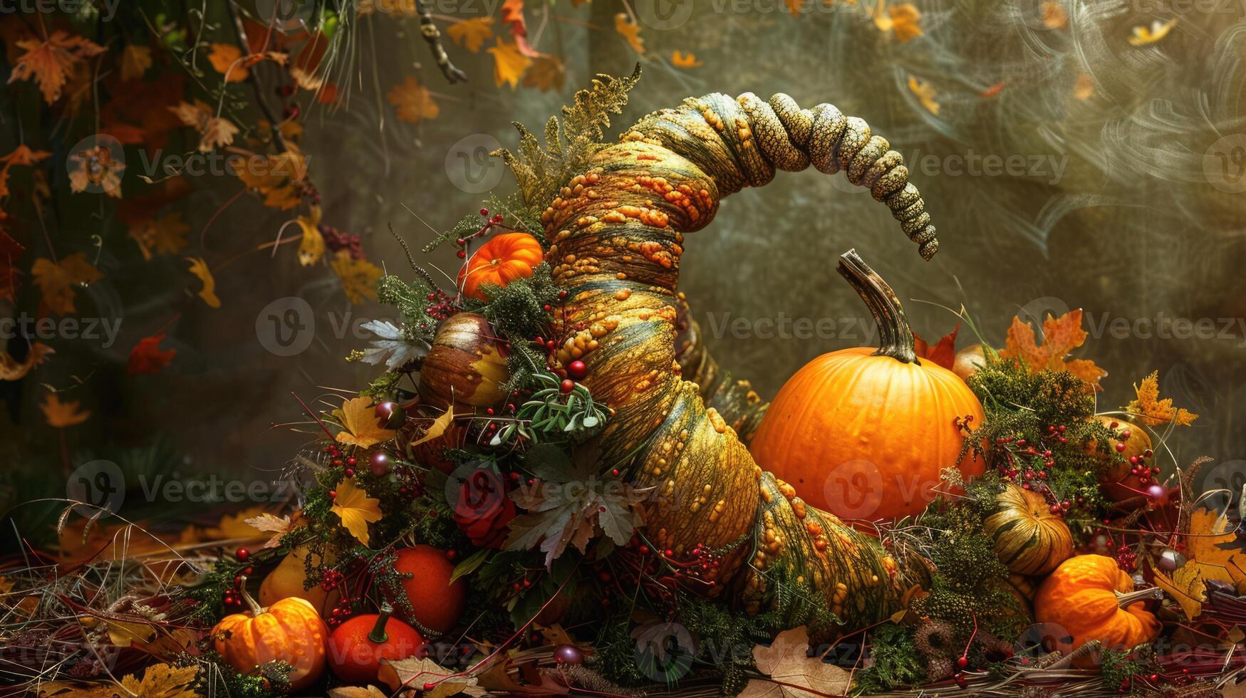 Fruits, vegetables and berries on dark green background. Harvest and abundance concept. Cornucopia, horn of plenty photo