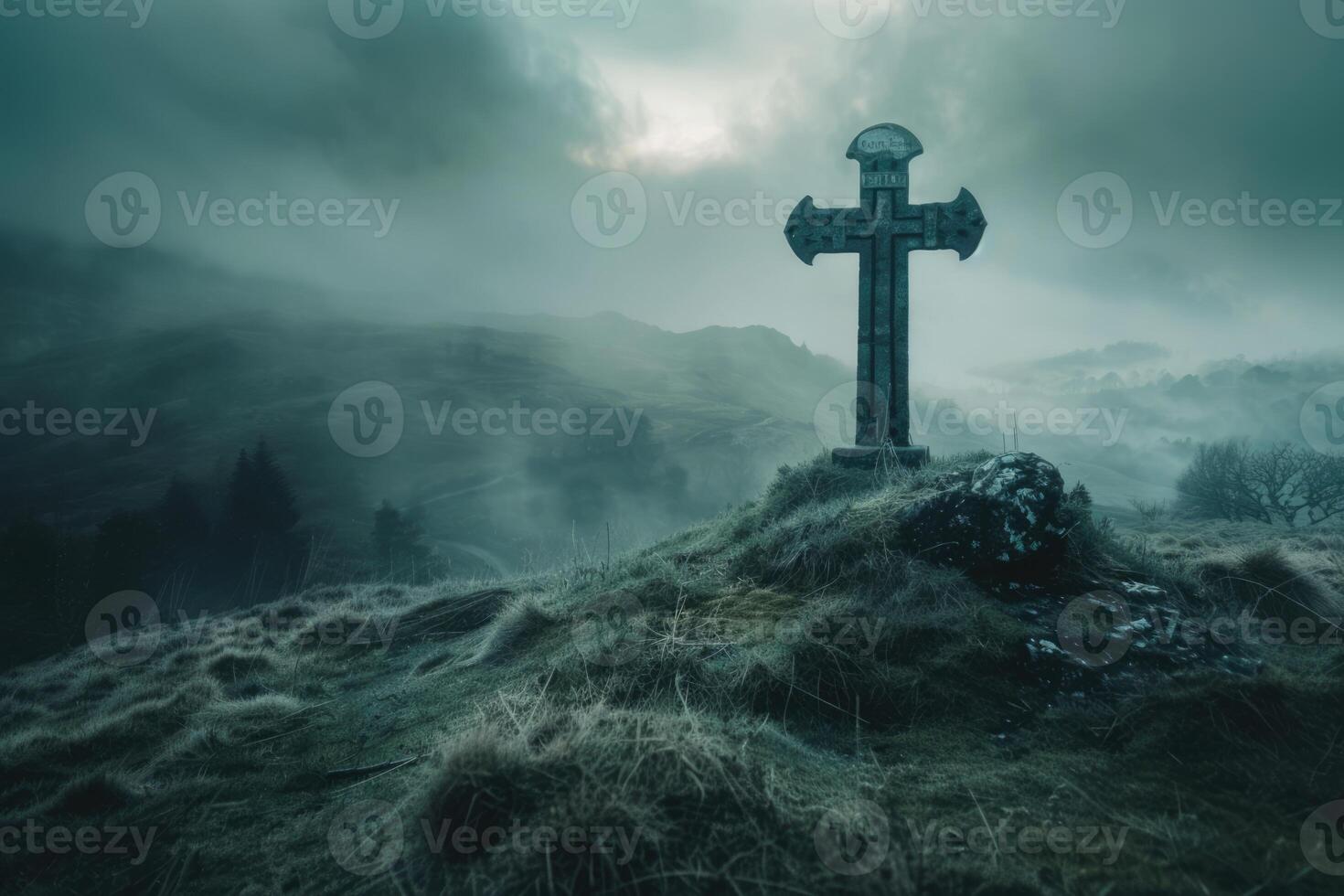 Ancient cross on the hill with dark clouds in the grey sky. Gothic scary atmosphere photo