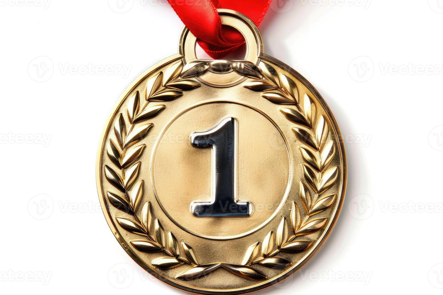 Gold medal, number one laurel wreath and red color ribbon isolated on white background. Champion first place winner athlete. Prize in sport trophy award, copy space photo