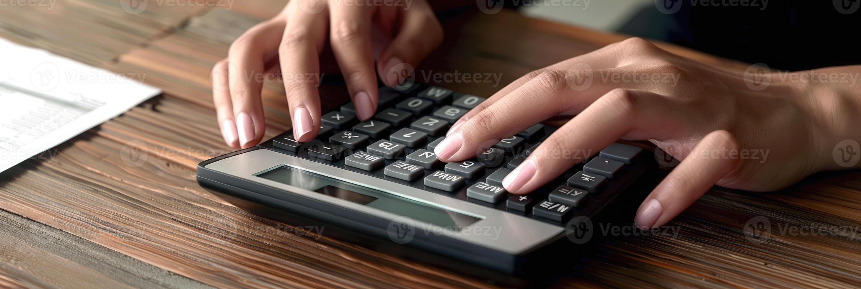 Close-up of businesswoman hands using a calculator to check company finances, earnings and budget. Accountant calculating monthly expenses, papers, loan documents, invoices photo