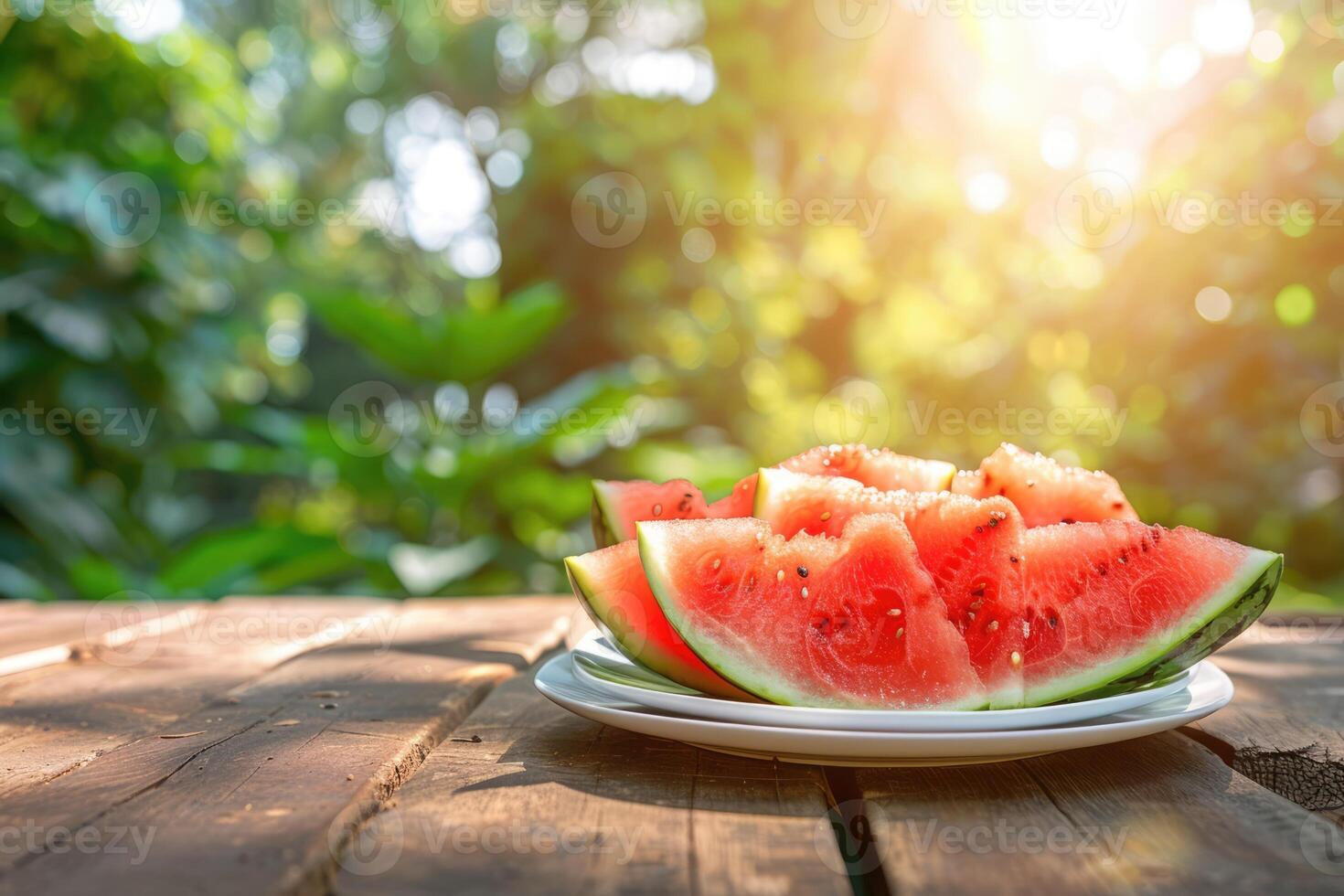 Slices of fresh juicy seeded watermelon on the wooden table in the garden on a sunny summer day photo