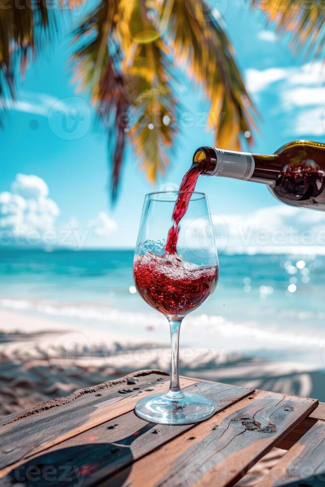 Pouring red wine into glass on wooden table at the tropical beach on a beautiful sunny summer day photo